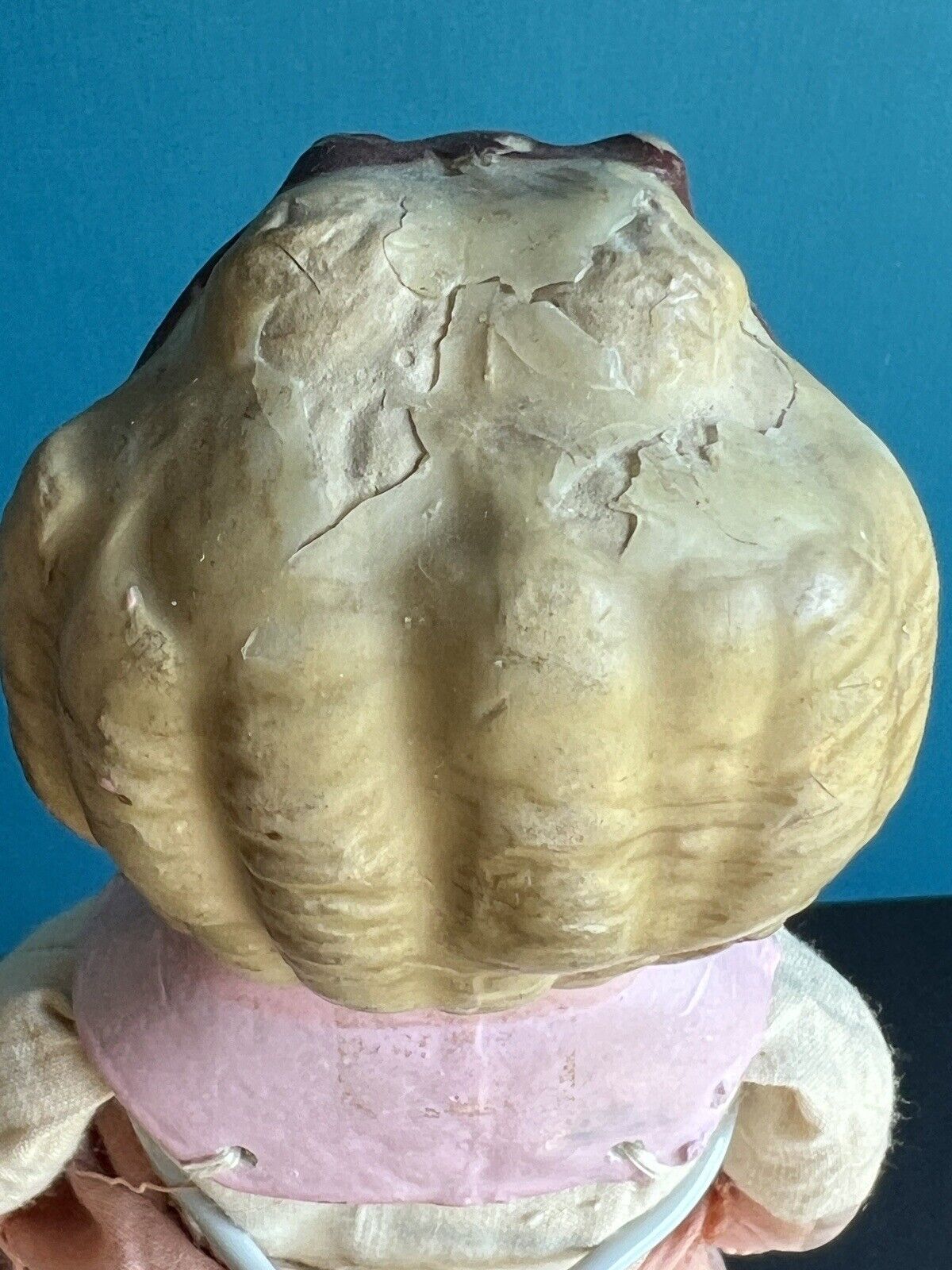 Antique German 13.5” Wax Over Papier Mache Pumpkin Head Pierced Ears Doll