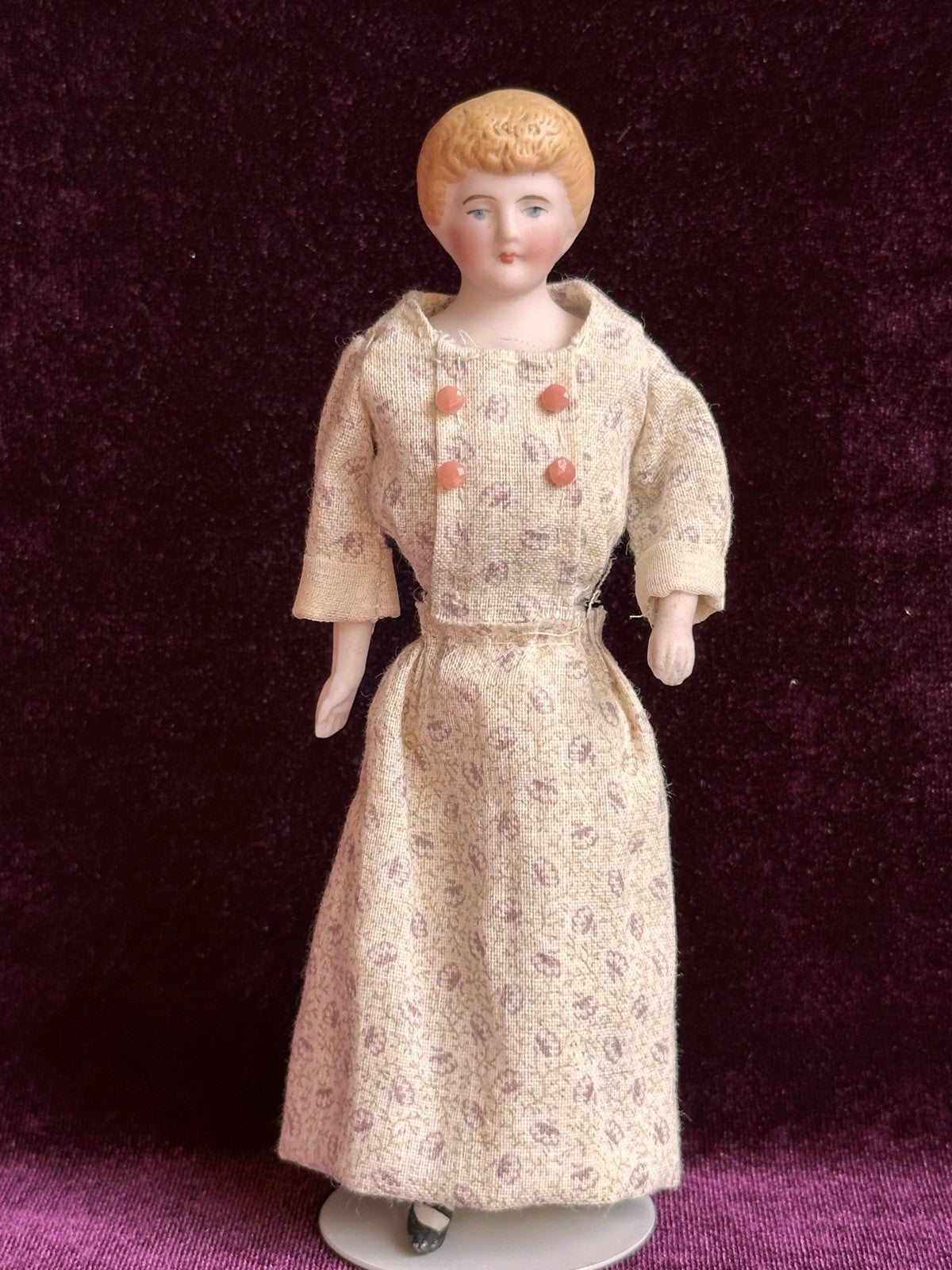 Antique German 5.75” Bisque Cloth Miniature Dollhouse Parian Doll with Bun