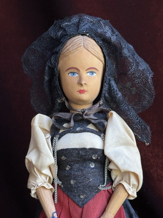 Vintage 10” Swiss Huggler Wood Carved Doll with Original Tag