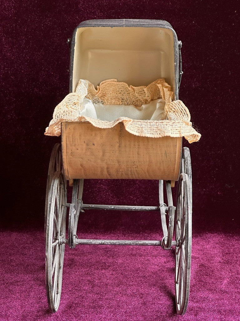 Antique German Miniature All Bisque Limbach Baby Doll in Victorian Pram/Carriage