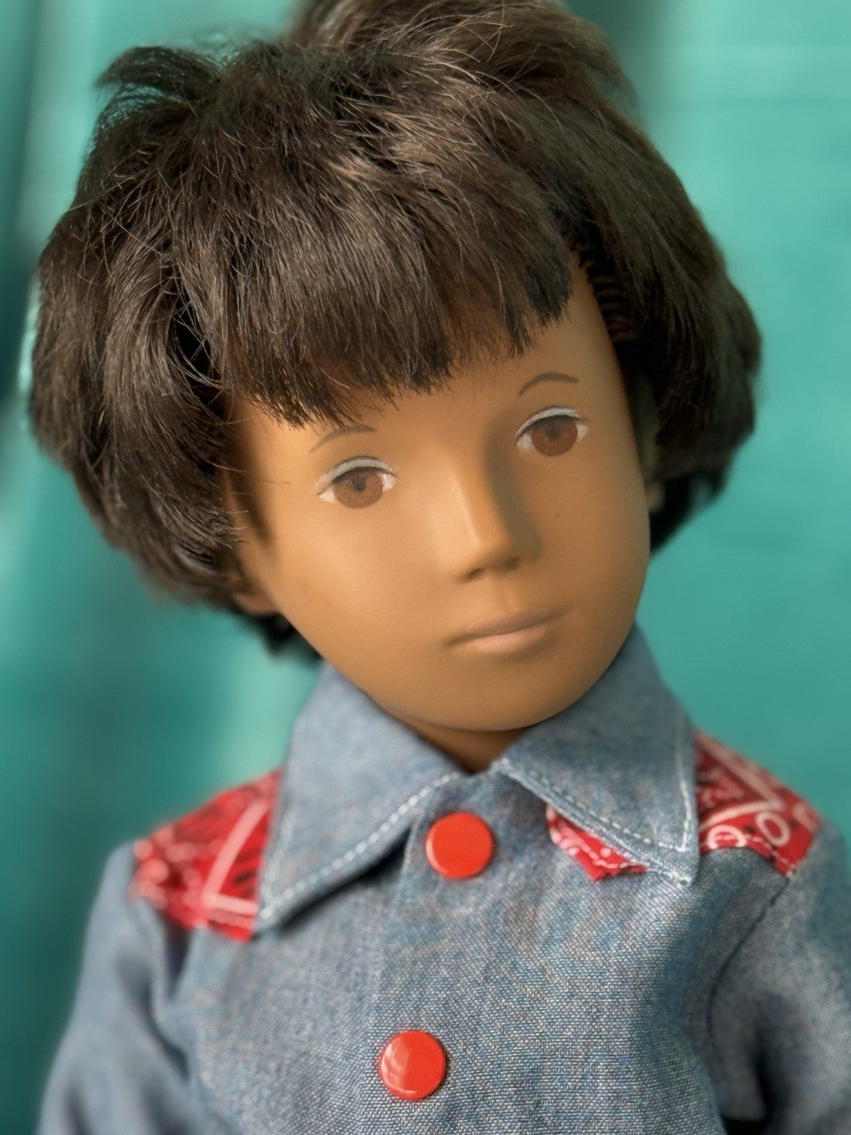 Collectible England Vinyl Brunette Boy Doll; Redressed/Denim Top