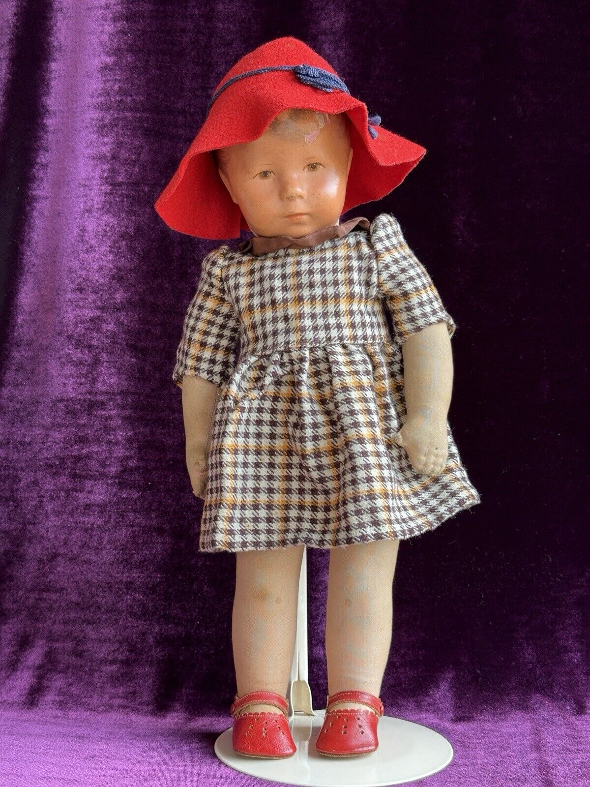 Antique German 18” Early Kathe Kruse Hampelchen Cloth Doll with Button + Extras