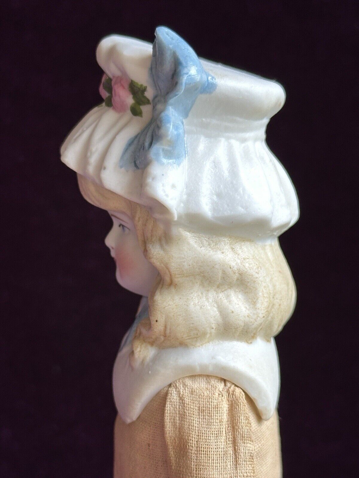 Antique German 11.5” Hertwig Molded Bonnet Bisque Head Parian Doll