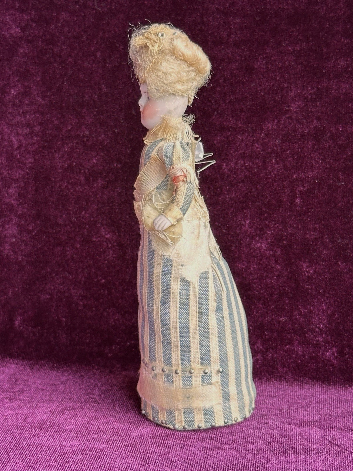 Antique German 5” Miniature Bisque Head Pincushion Dollhouse Doll