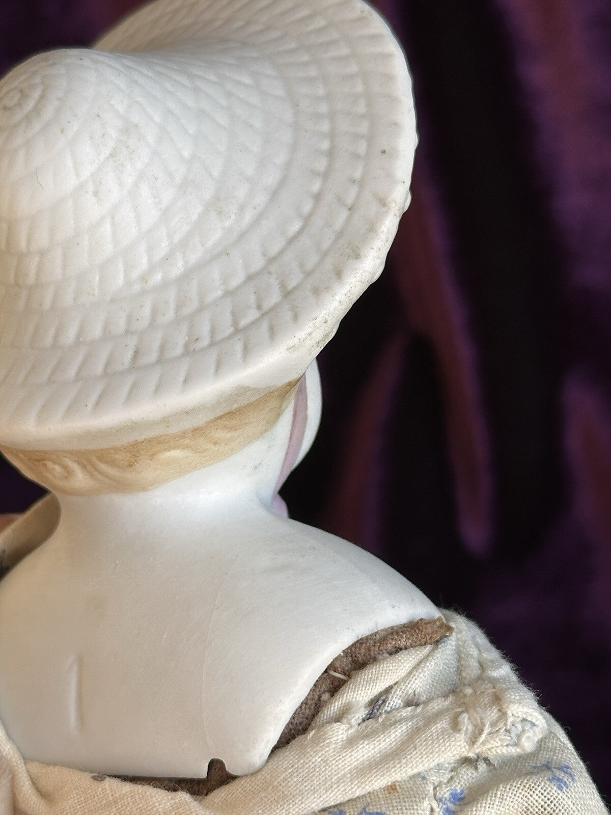Antique German 12” Hertwig Molded Bonnet Parian Bisque Head China Doll