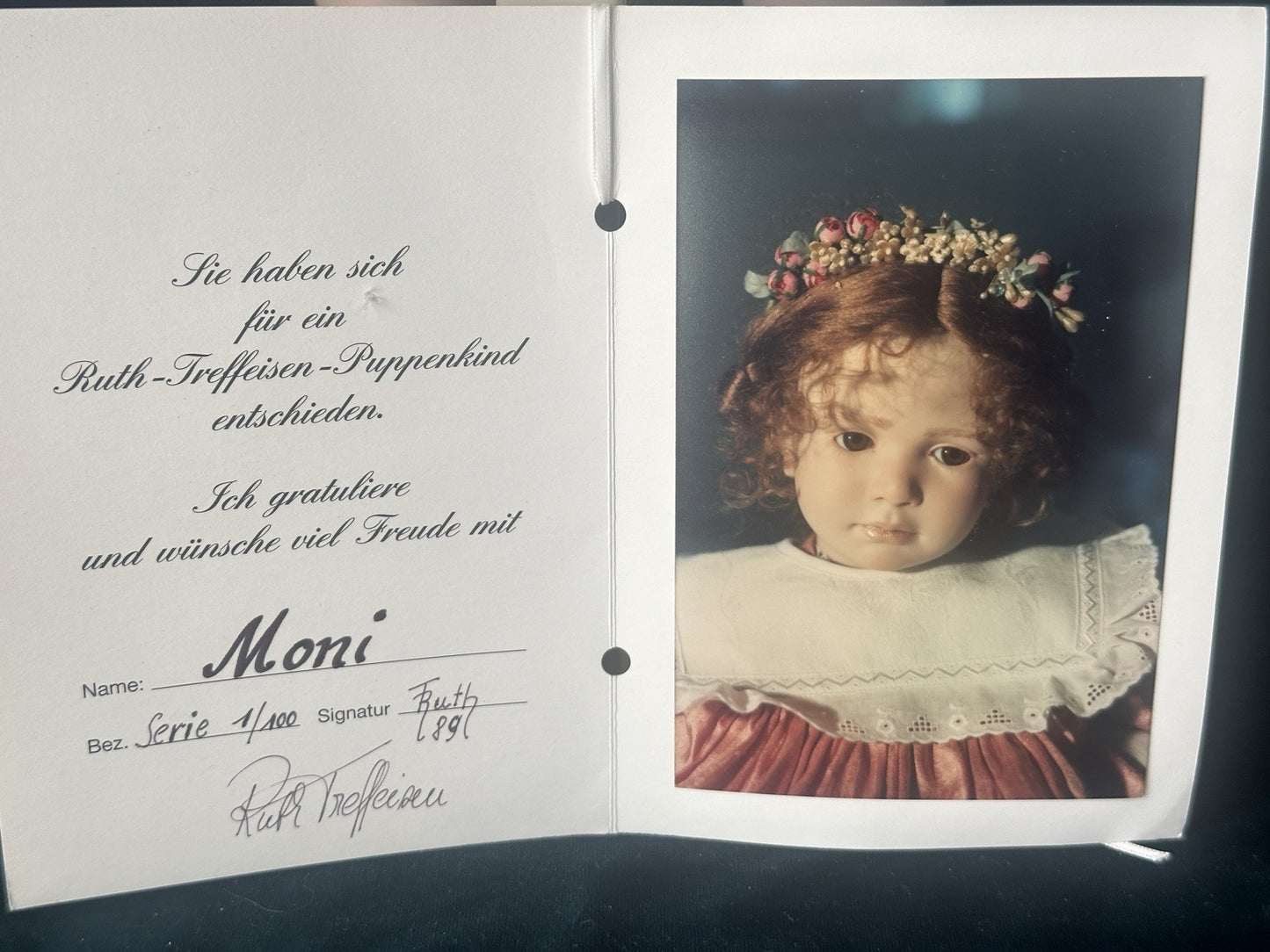 Collectible Artist 22” Porcelain Doll “Moni” by Ruth Treffeisen LE 1/100 COA