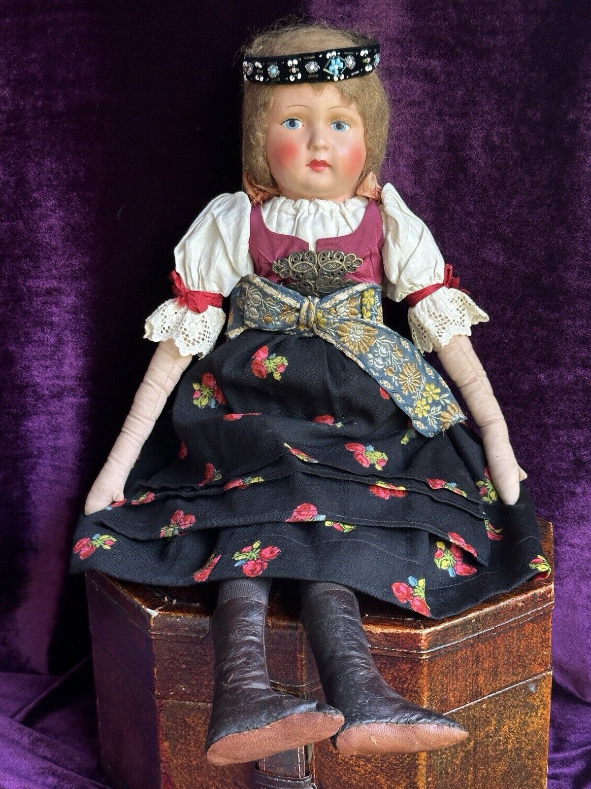 Antique Composition 23” Cloth Eastern European Boudoir Style Doll