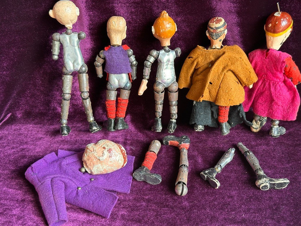 Large Lot of Antique Saba Bucherer Swiss Metal Jointed Character Dolls and Parts