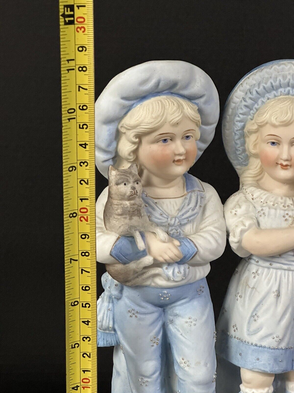 Antique Bisque Large 11” Figurine Boy and Girl In Blue Holding Cats Numbered 15