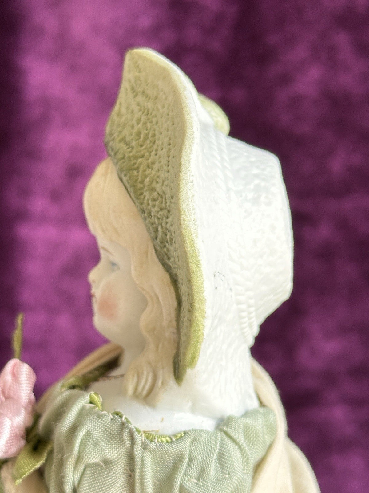 Antique German Hertwig 10.5” Molded Bonnet Parian China Bisque Head Doll