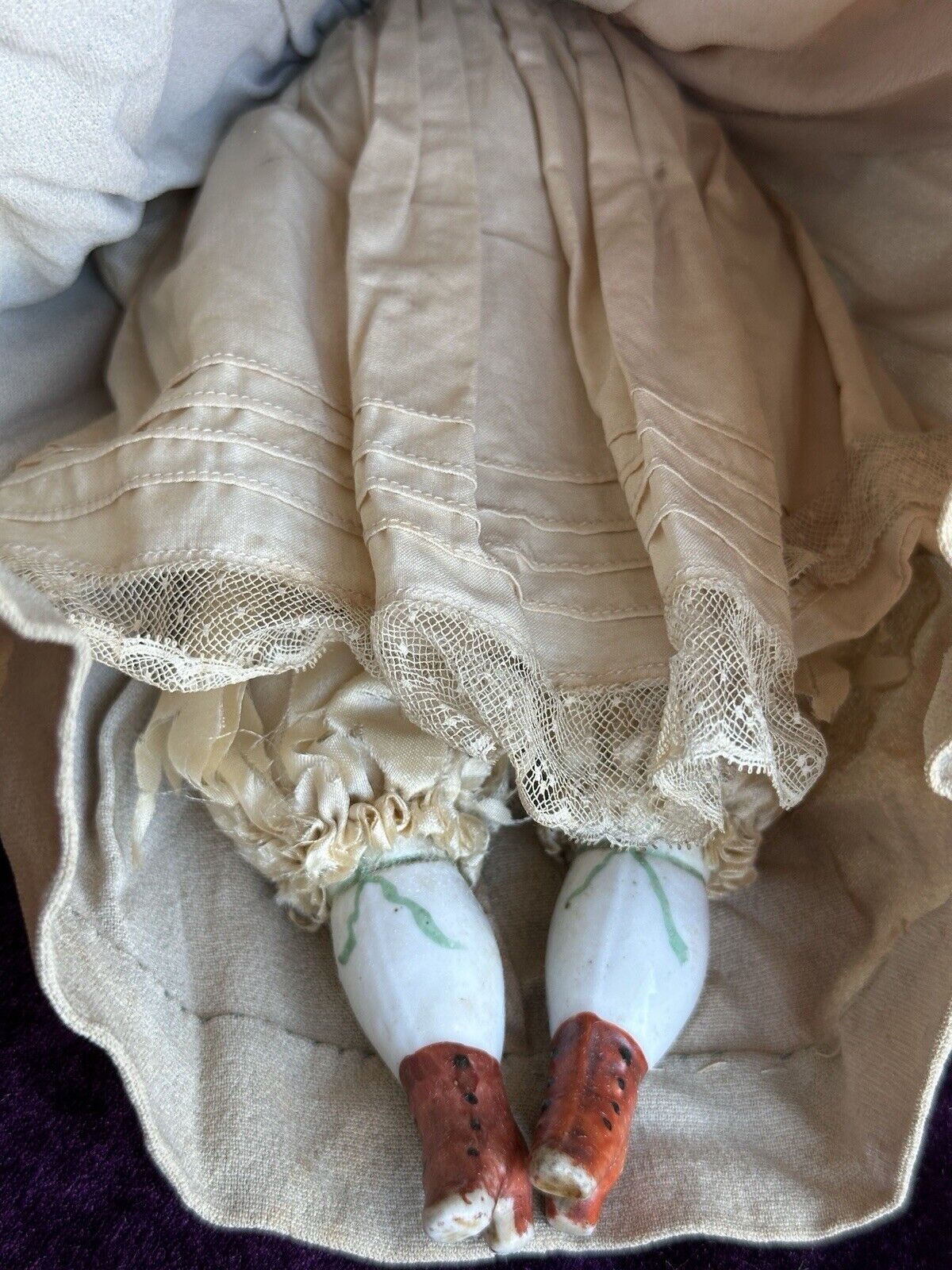 Antique German 12.5” China Shoulder Head Doll with Molded Bonnet