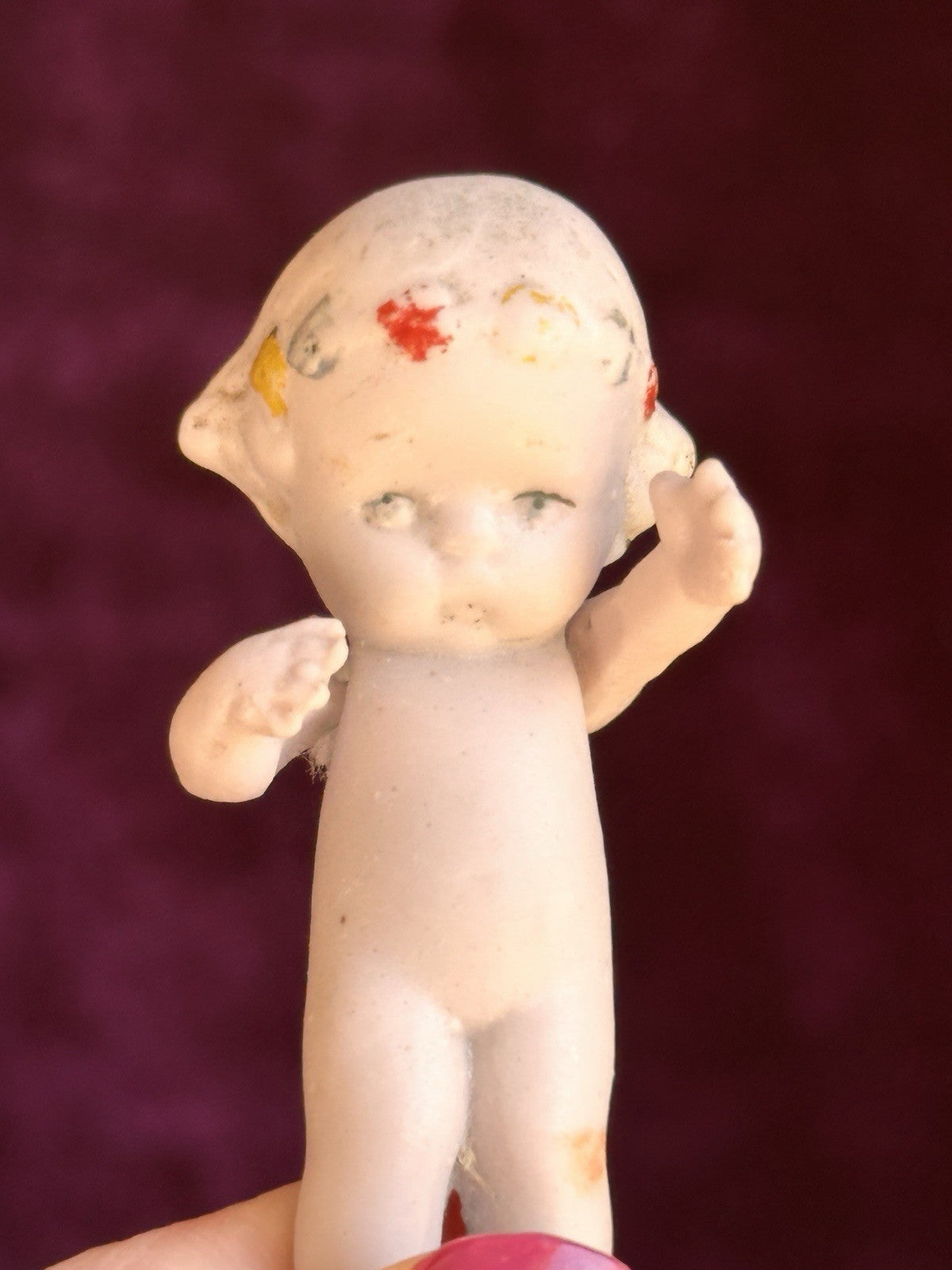 Antique German 2.125” Dollhouse All Bisque Hertwig Miniature Doll Molded Flowers