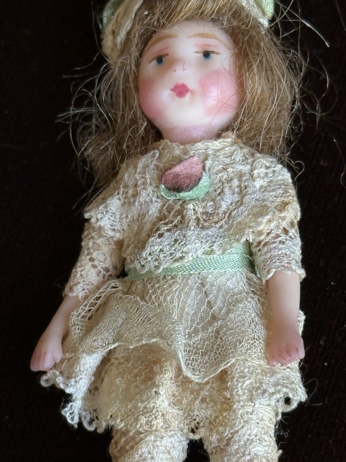 Artist Signed 3” Polymer Clay (?) Miniature Dollhouse Doll with Accessories