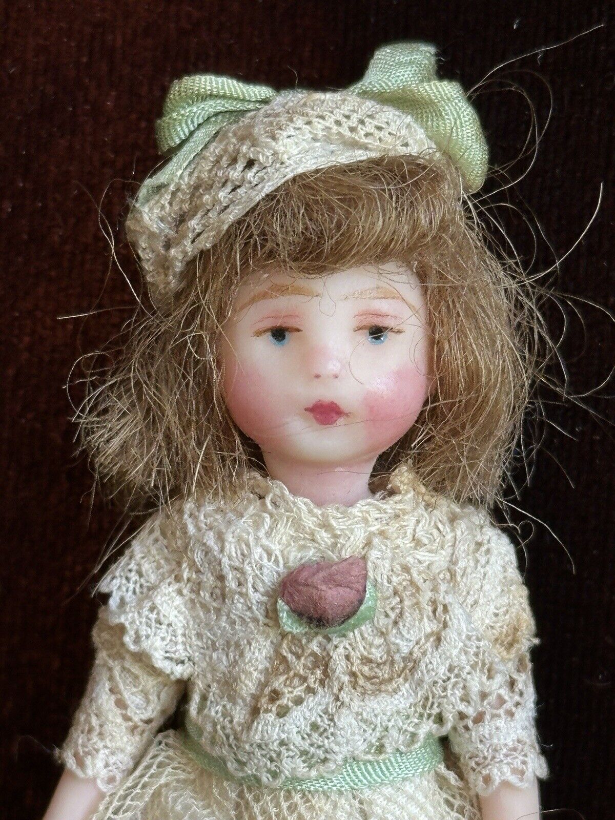 Artist Signed 3” Polymer Clay (?) Miniature Dollhouse Doll with Accessories
