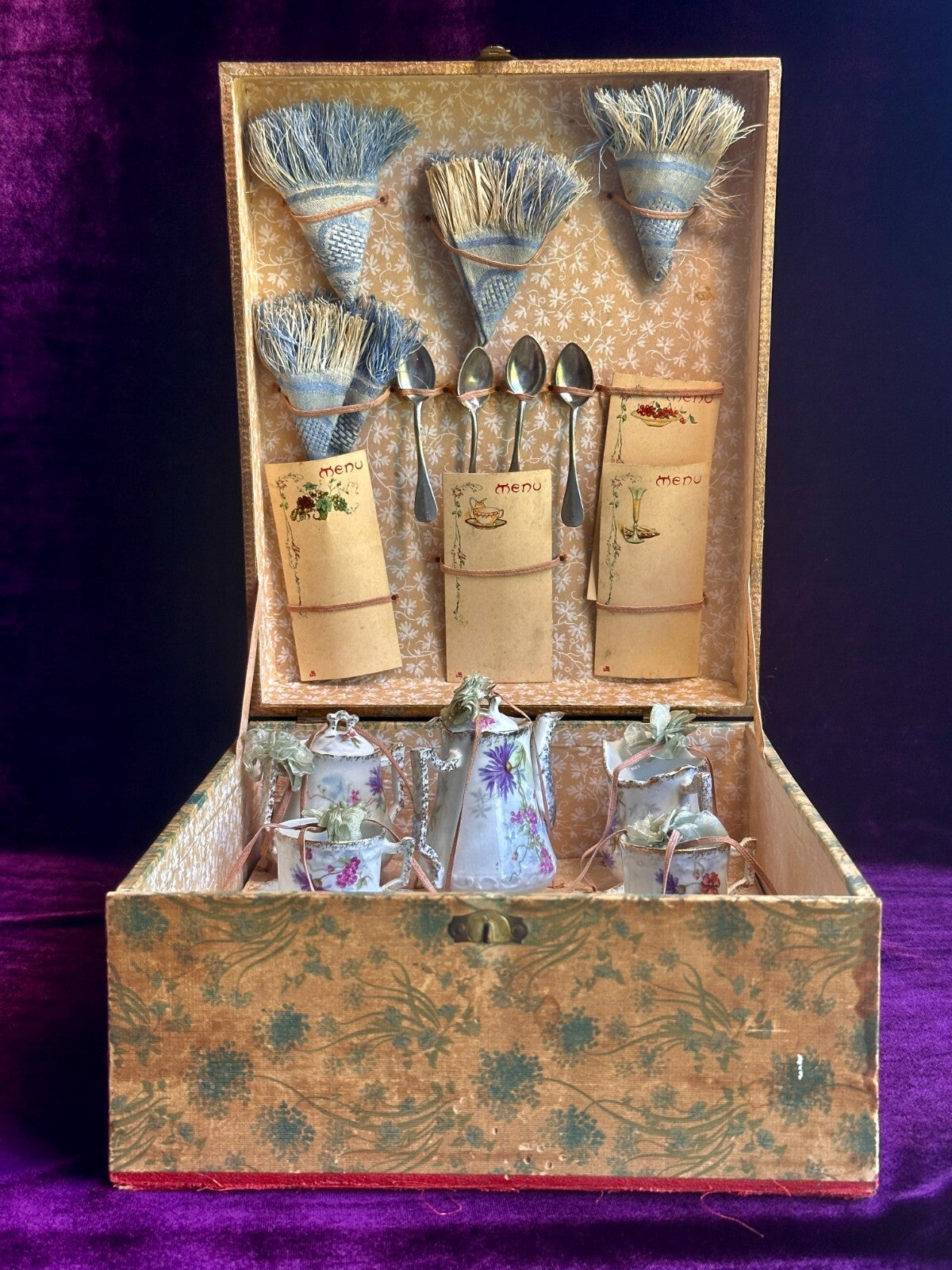 Antique All Original French Doll China Tea Service Set in Presentation Box