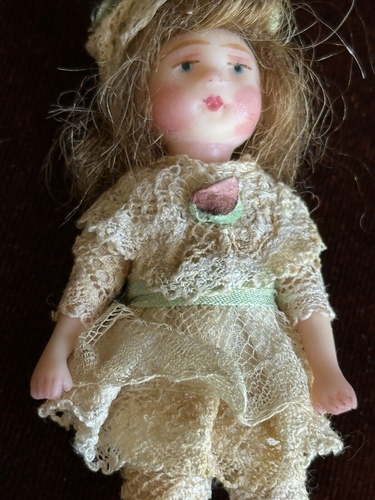 Artist Signed 3” Polymer Clay (?) Miniature Dollhouse Doll with Accessories