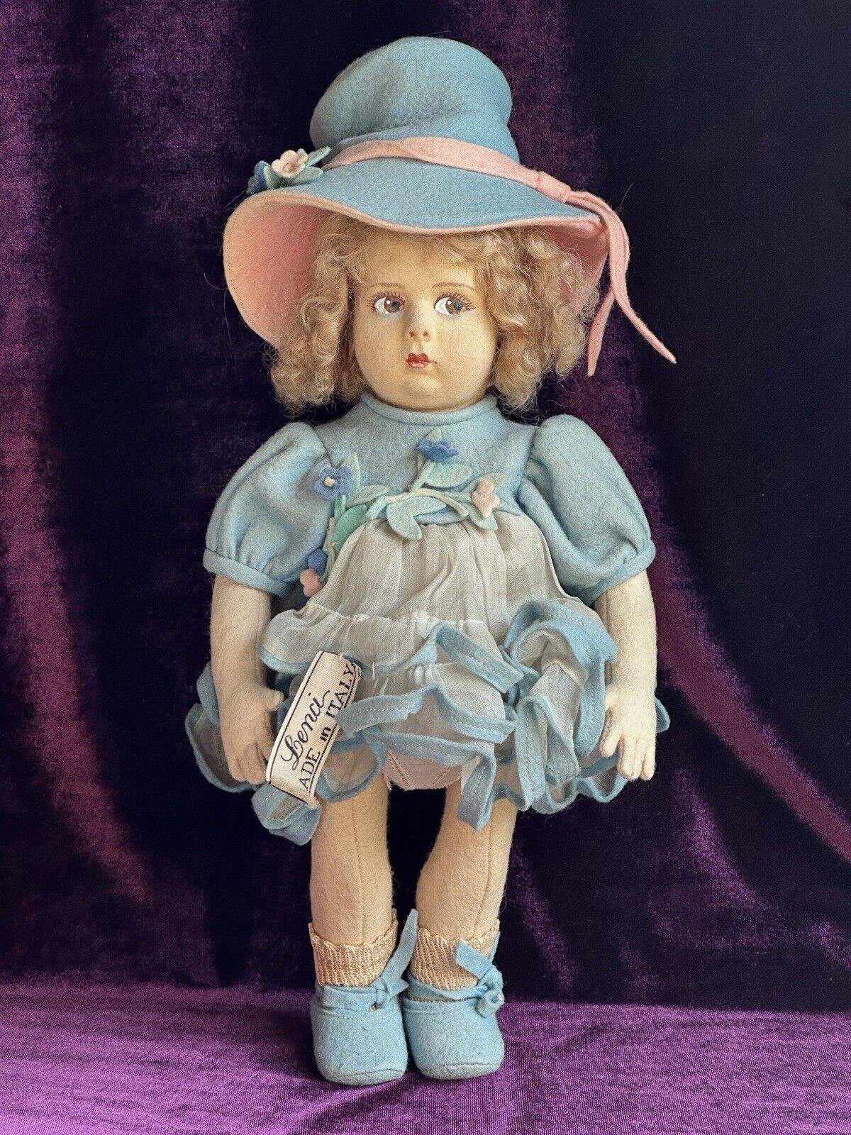 Vintage Italian All Original 12” Lenci 111/2000 Series Felt Cloth Doll Tagged