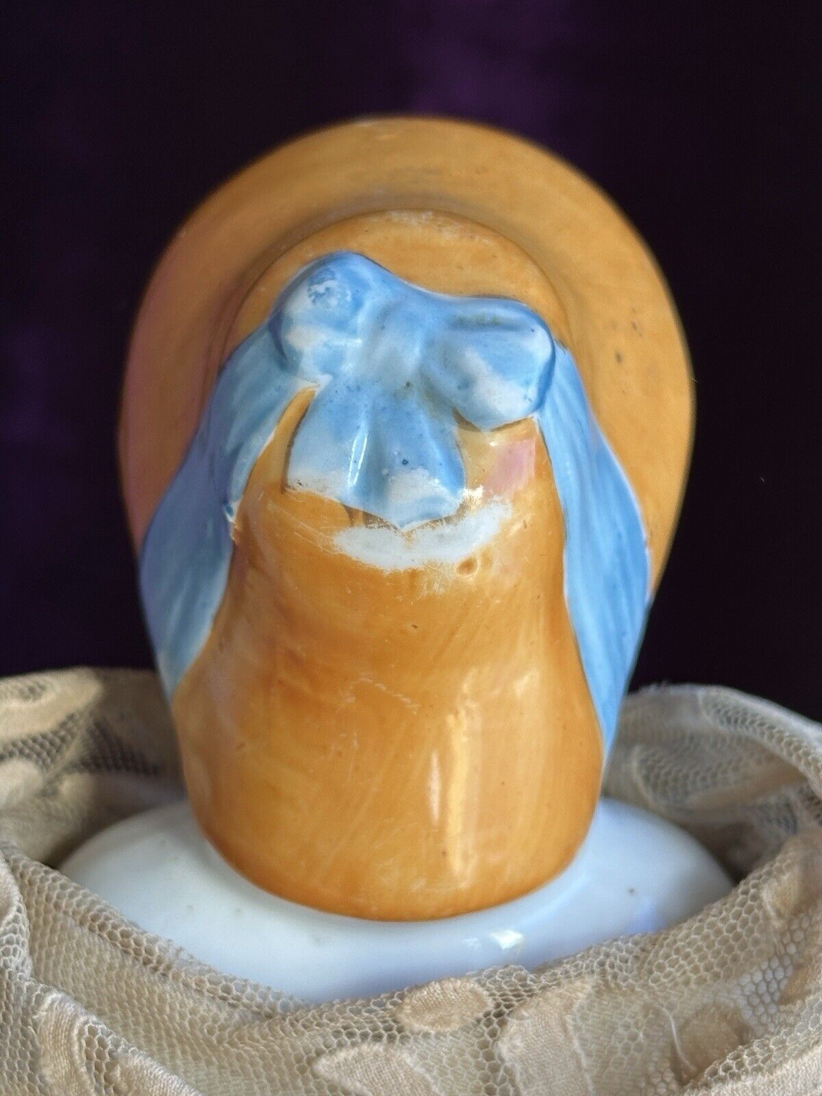 Antique German 12.5” China Shoulder Head Doll with Molded Bonnet