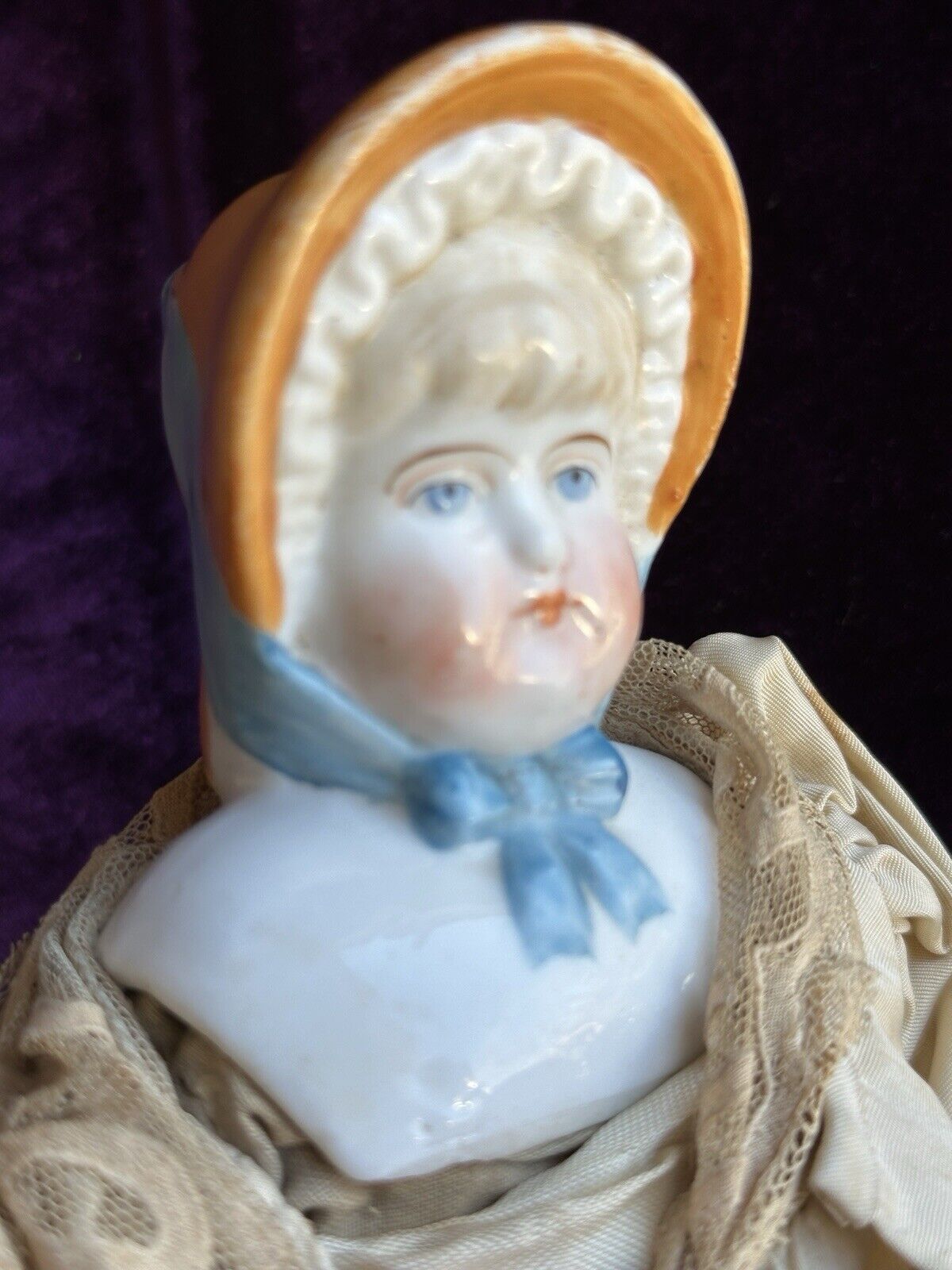 Antique German 12.5” China Shoulder Head Doll with Molded Bonnet