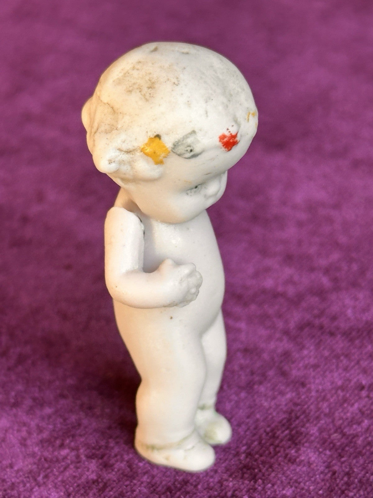Antique German 2.125” Dollhouse All Bisque Hertwig Miniature Doll Molded Flowers