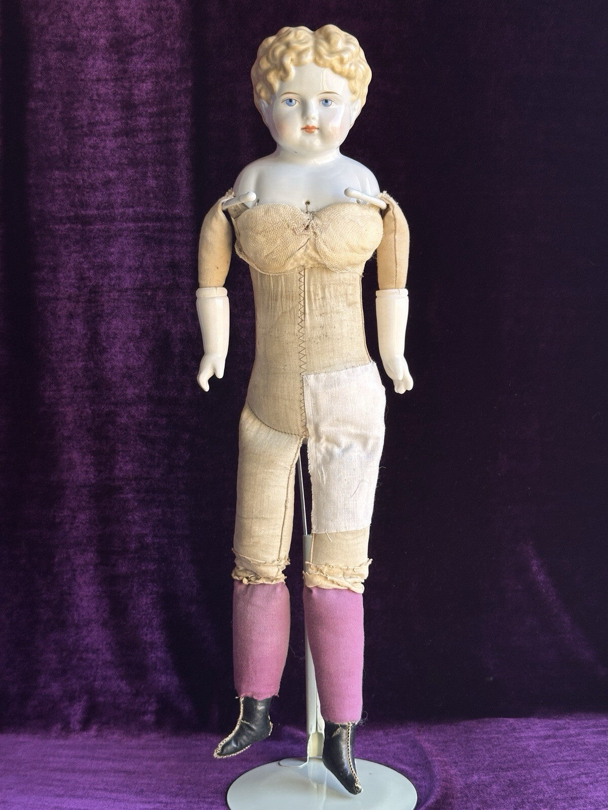 Large Antique German 24” Exposed Ears Blonde China Head Doll