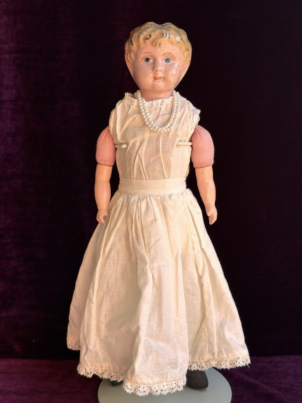 Antique German 16” Minerva Metal Tin Head Doll