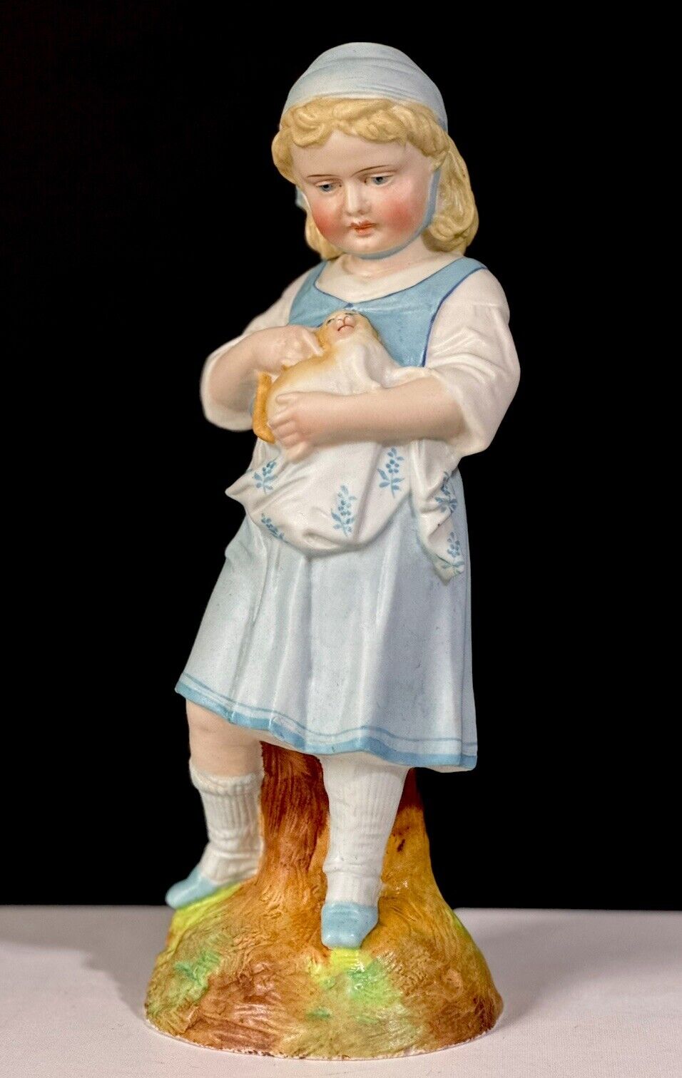 Antique Bisque Large 12” Figurine Girl Holding Cat Marked R In Blue Diamond