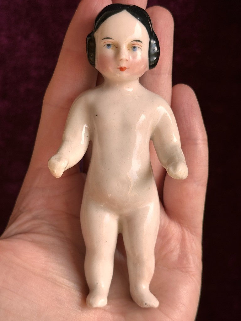 Antique German 4.25” Frozen Charlotte Pink Tint Covered Wagon China Doll