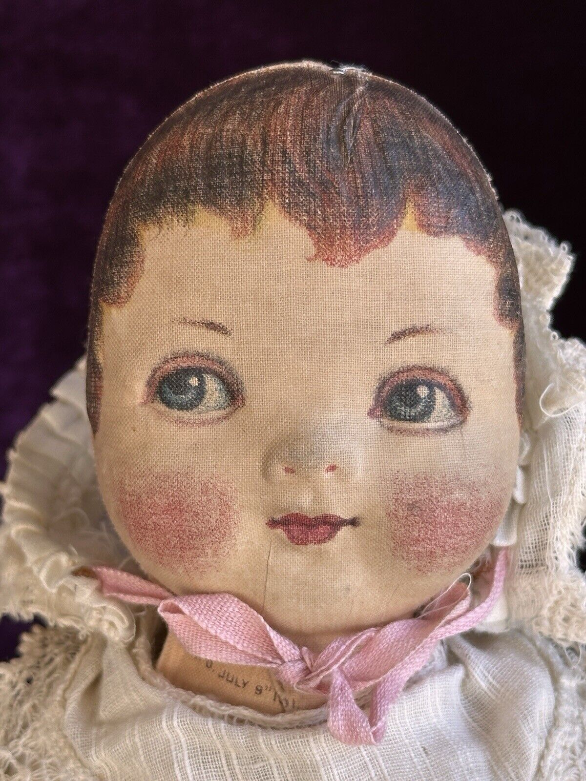 Antique American 12” Bruckner Lithograph Hard Mask Cloth Rag Doll