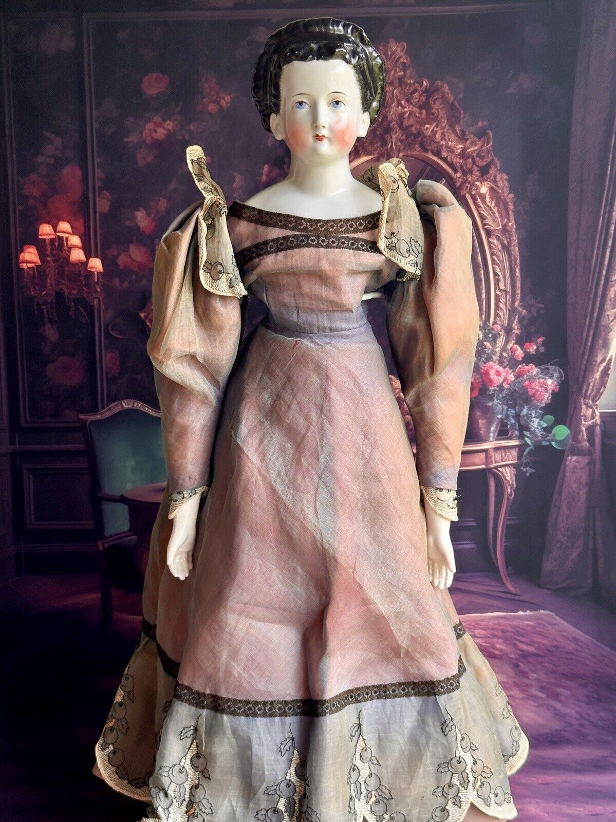 Very Rare Large 25.5” Antique German Brunette China Shoulder Head Doll