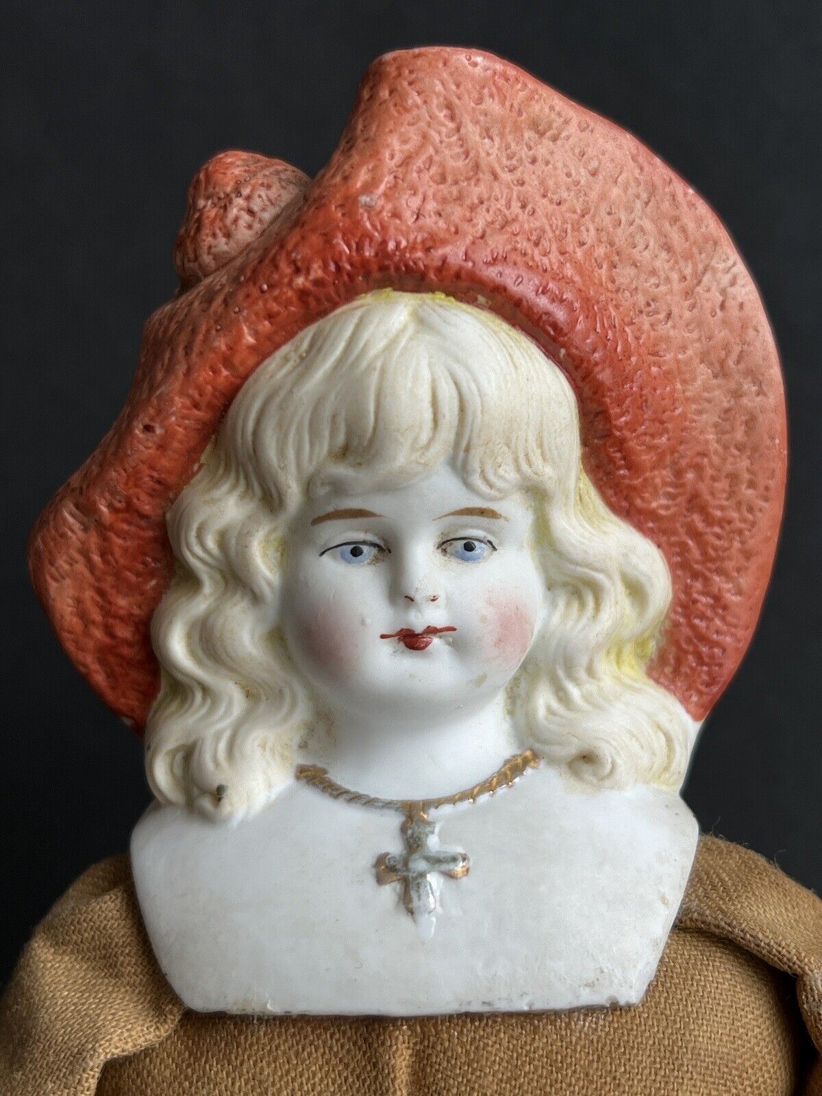 Antique German Hertwig 11.5” Molded Hat Bisque Shoulder Head Doll