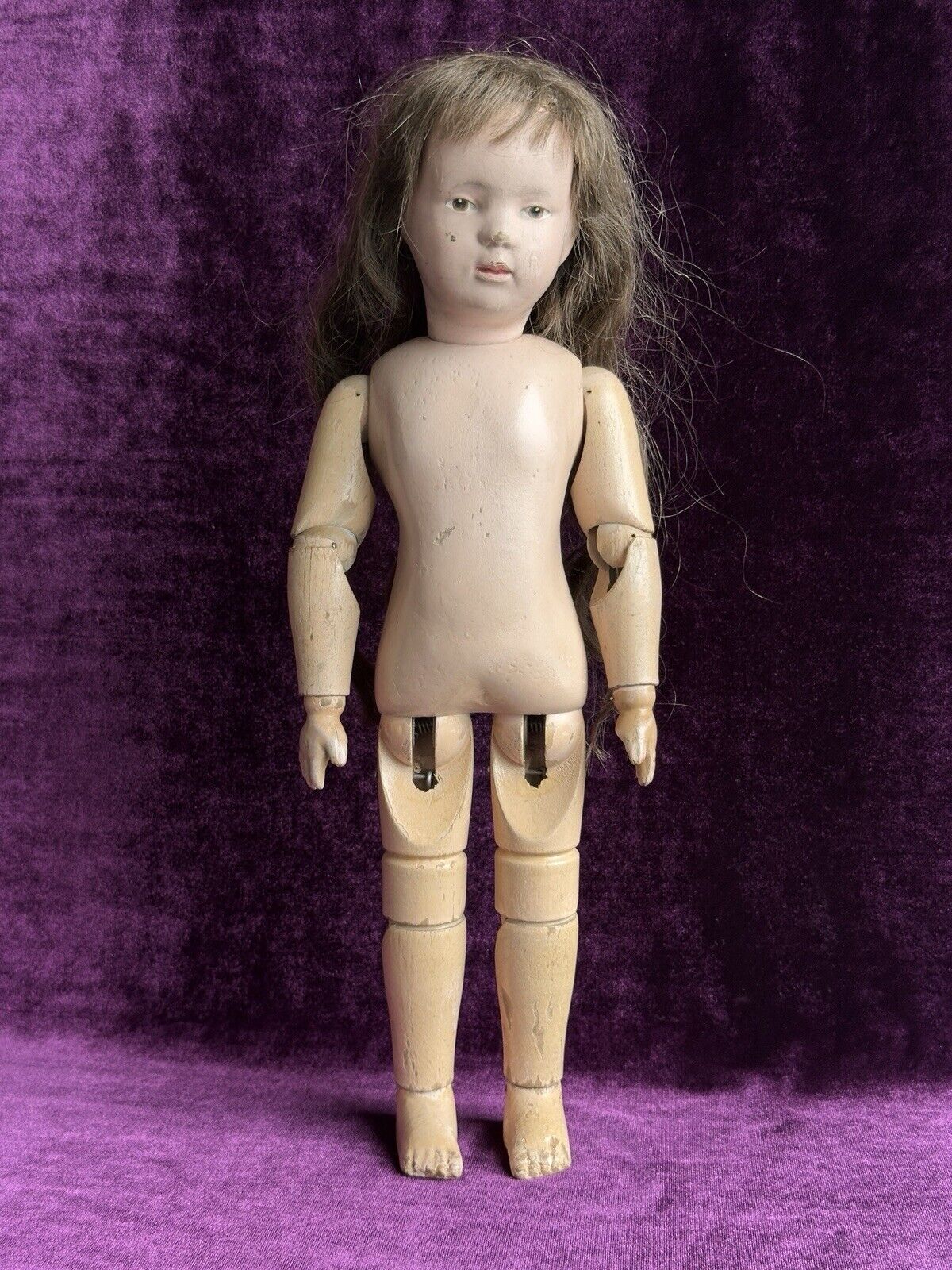 Antique 14” American Schoenhut Model 312 Wood Carved Spring Jointed Girl Doll