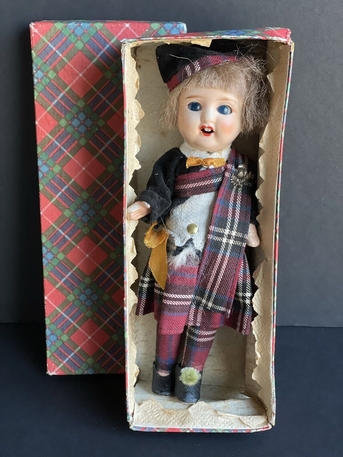 Antique German (?) 8” All Bisque Scottish Boy Doll in Original Box