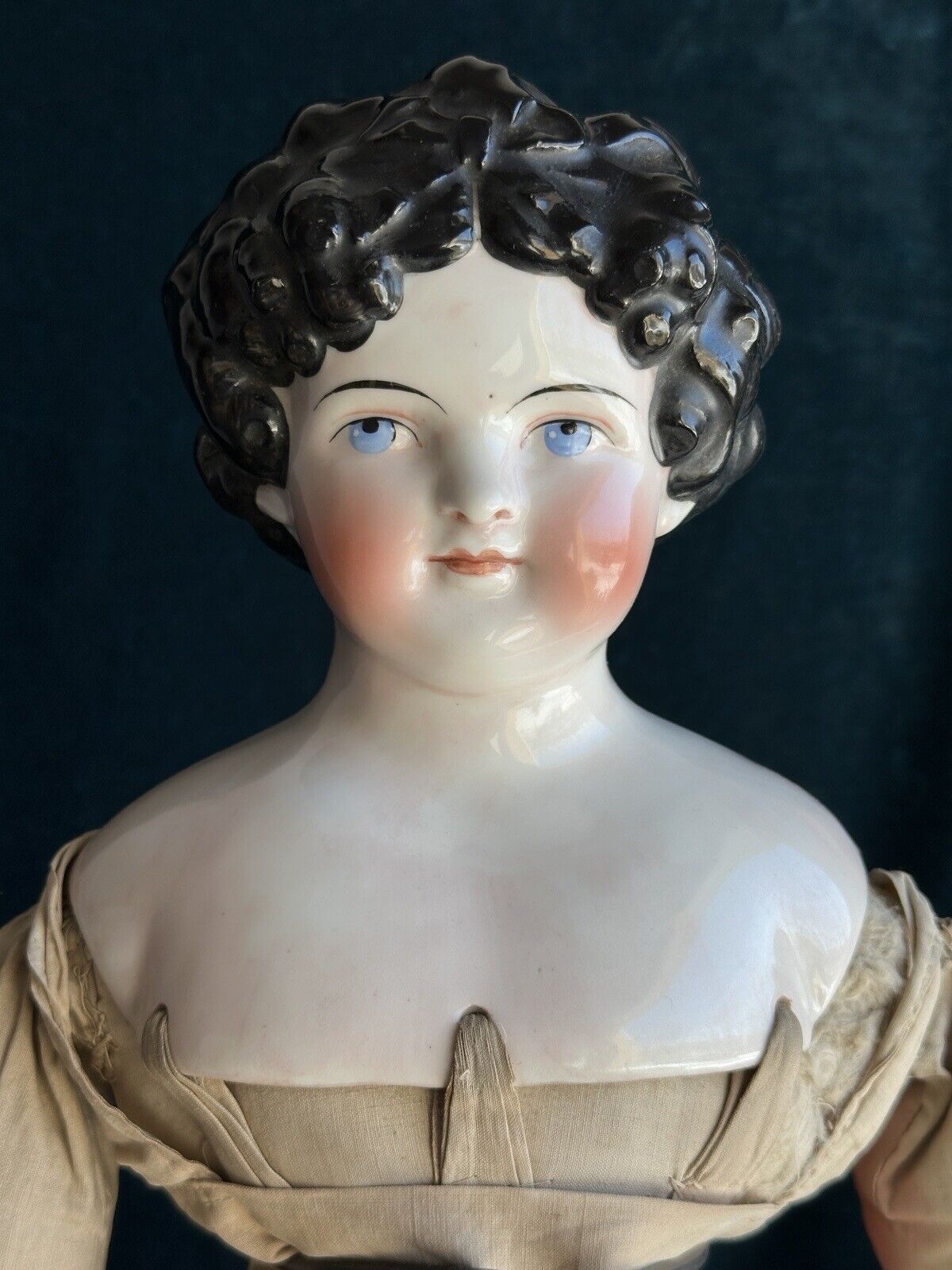 Antique German 26” Dolly Madison China Shoulder Head Doll with Molded Bow