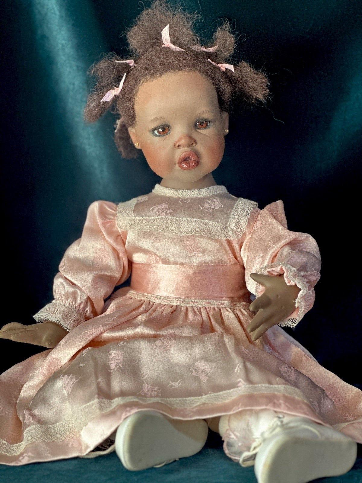 Collectible Porcelain Artist Dark Complexion 21” Baby Doll With Teddy Bear