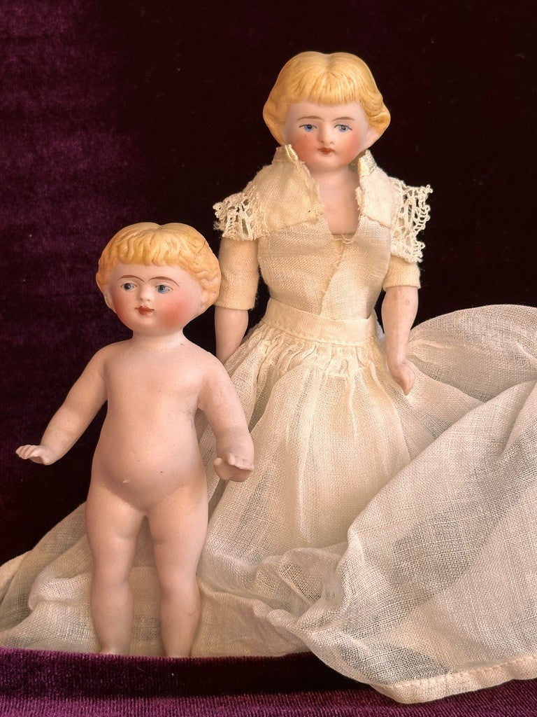 Antique German 5.25” Bisque Shoulder Head Miniature Dollhouse Parian Doll
