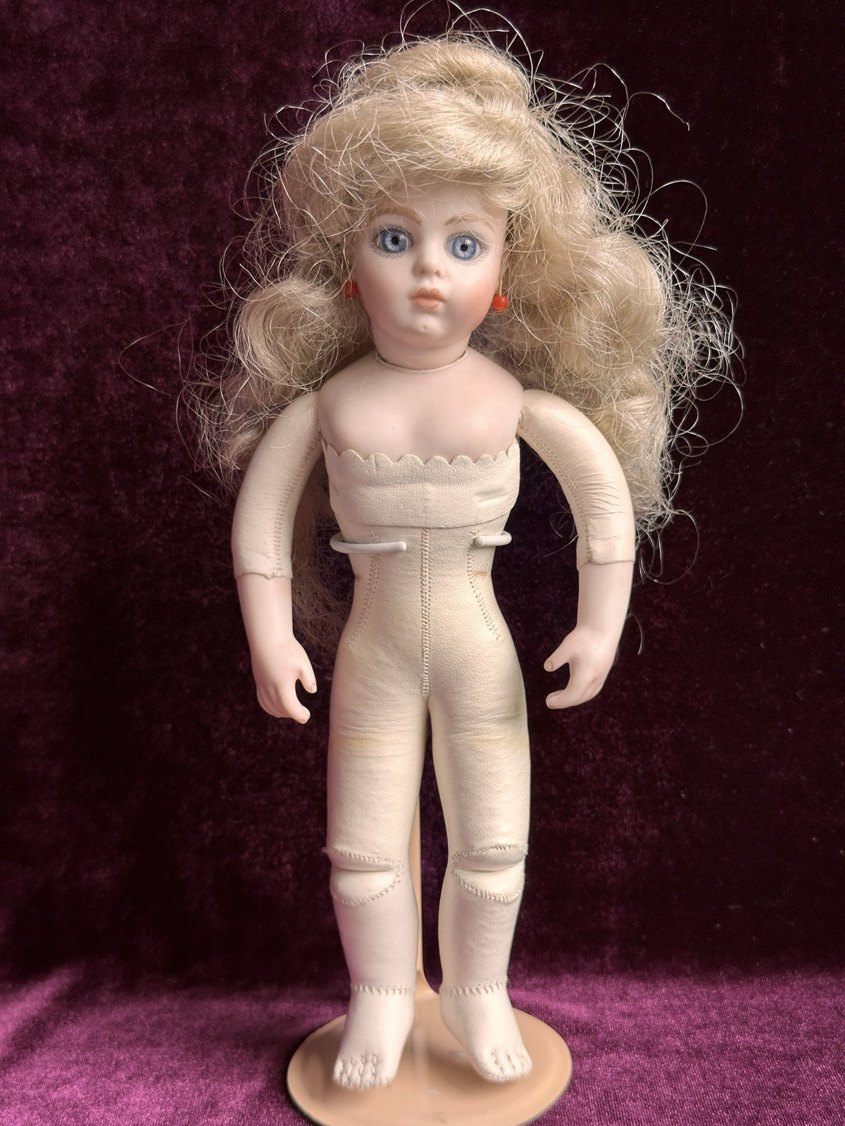 Vintage 9” Artist Reproduction of Antique French Bru Jne Porcelain Leather Doll