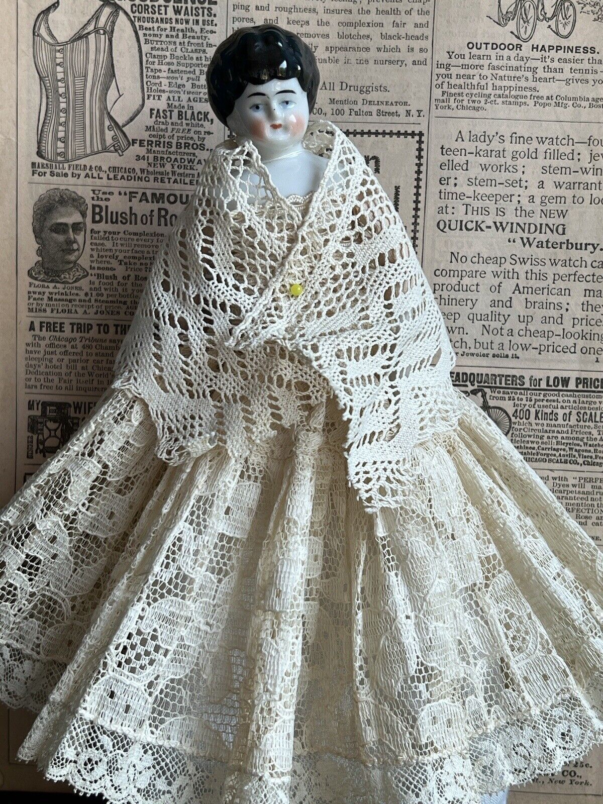 Antique German 9” Hertwig Miniature China Shoulder Head Doll