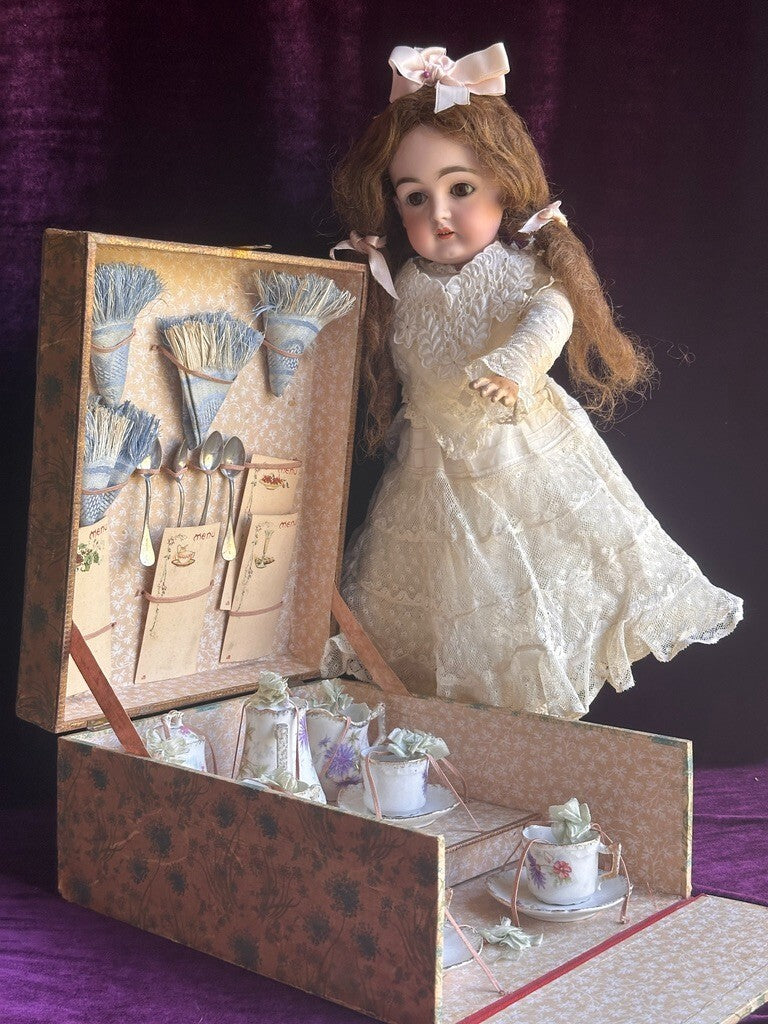 Antique All Original French Doll China Tea Service Set in Presentation Box
