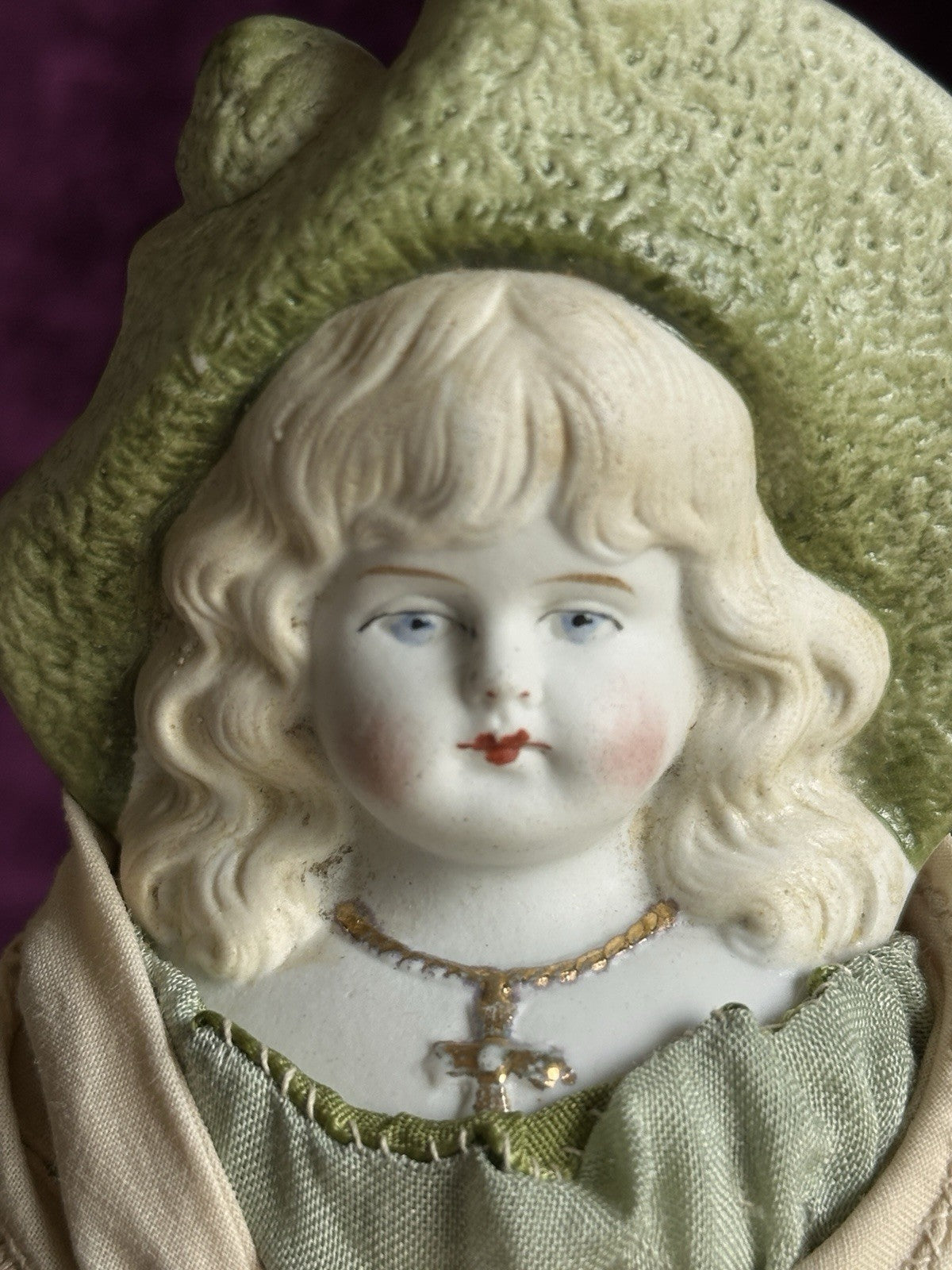 Antique German Hertwig 10.5” Molded Bonnet Parian China Bisque Head Doll