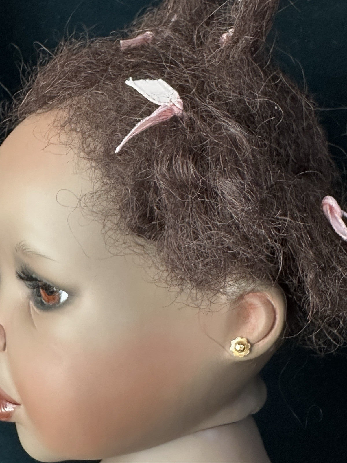 Collectible Porcelain Artist Dark Complexion 21” Baby Doll With Teddy Bear