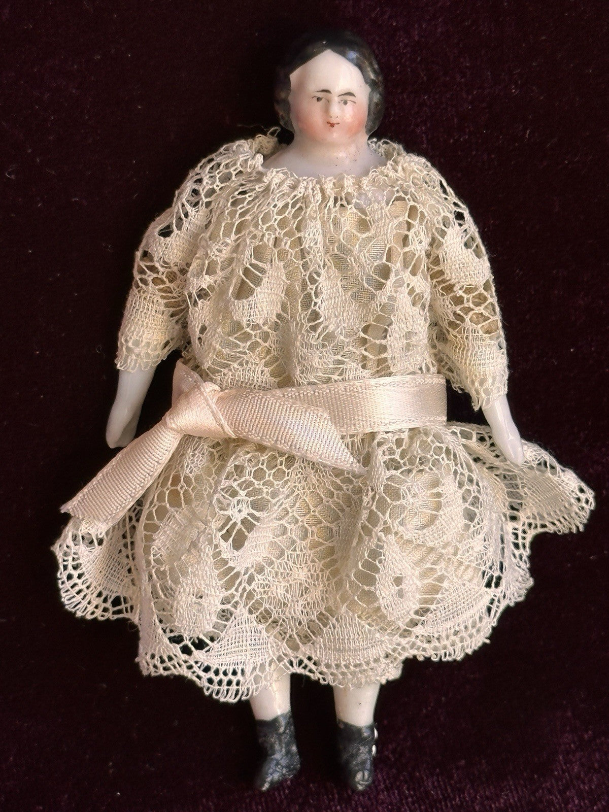 Antique German 4” Primitive Bisque Cloth Miniature Dollhouse China Doll