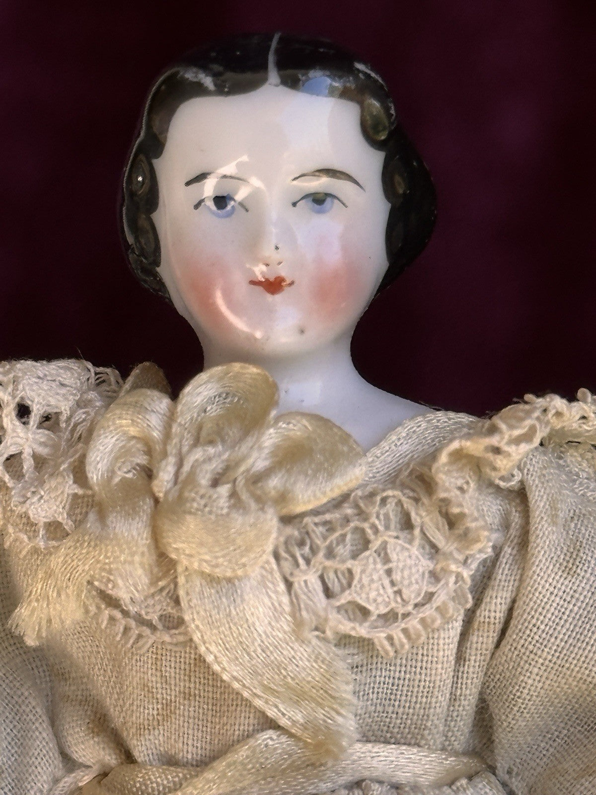 Antique German 4.5” Flat Top Bisque Cloth Miniature Dollhouse China Doll
