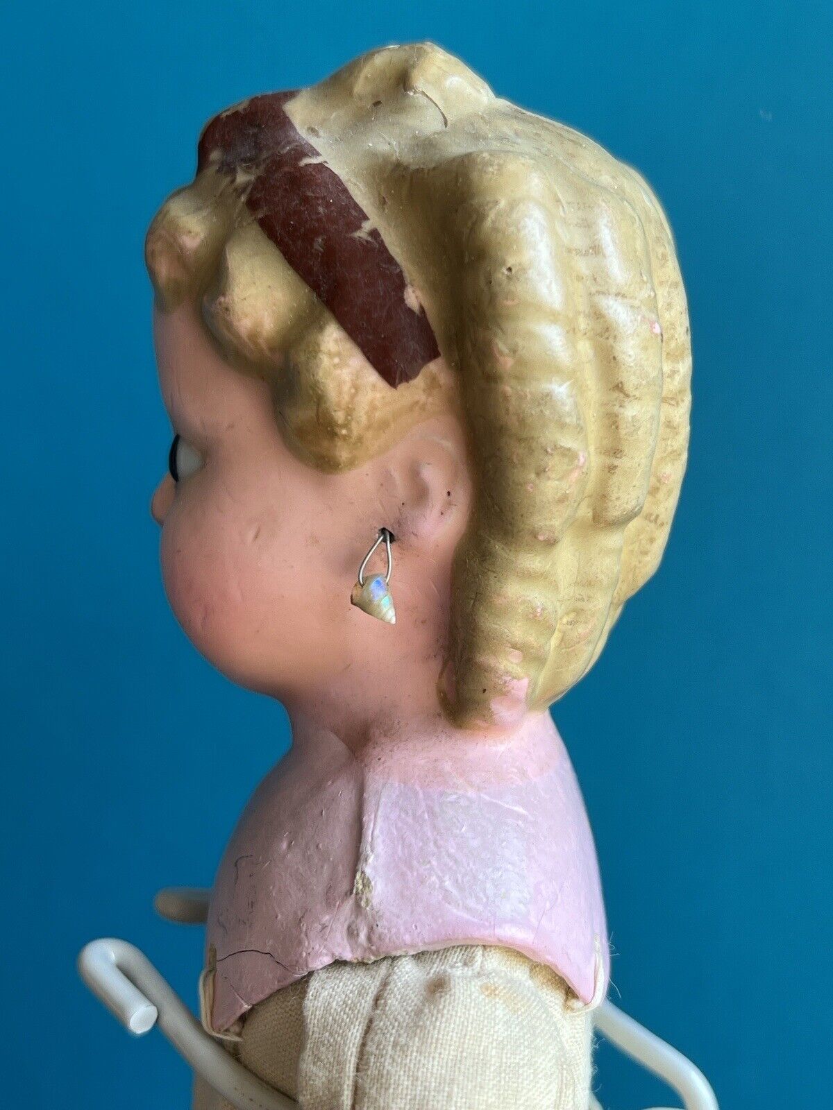 Antique German 13.5” Wax Over Papier Mache Pumpkin Head Pierced Ears Doll