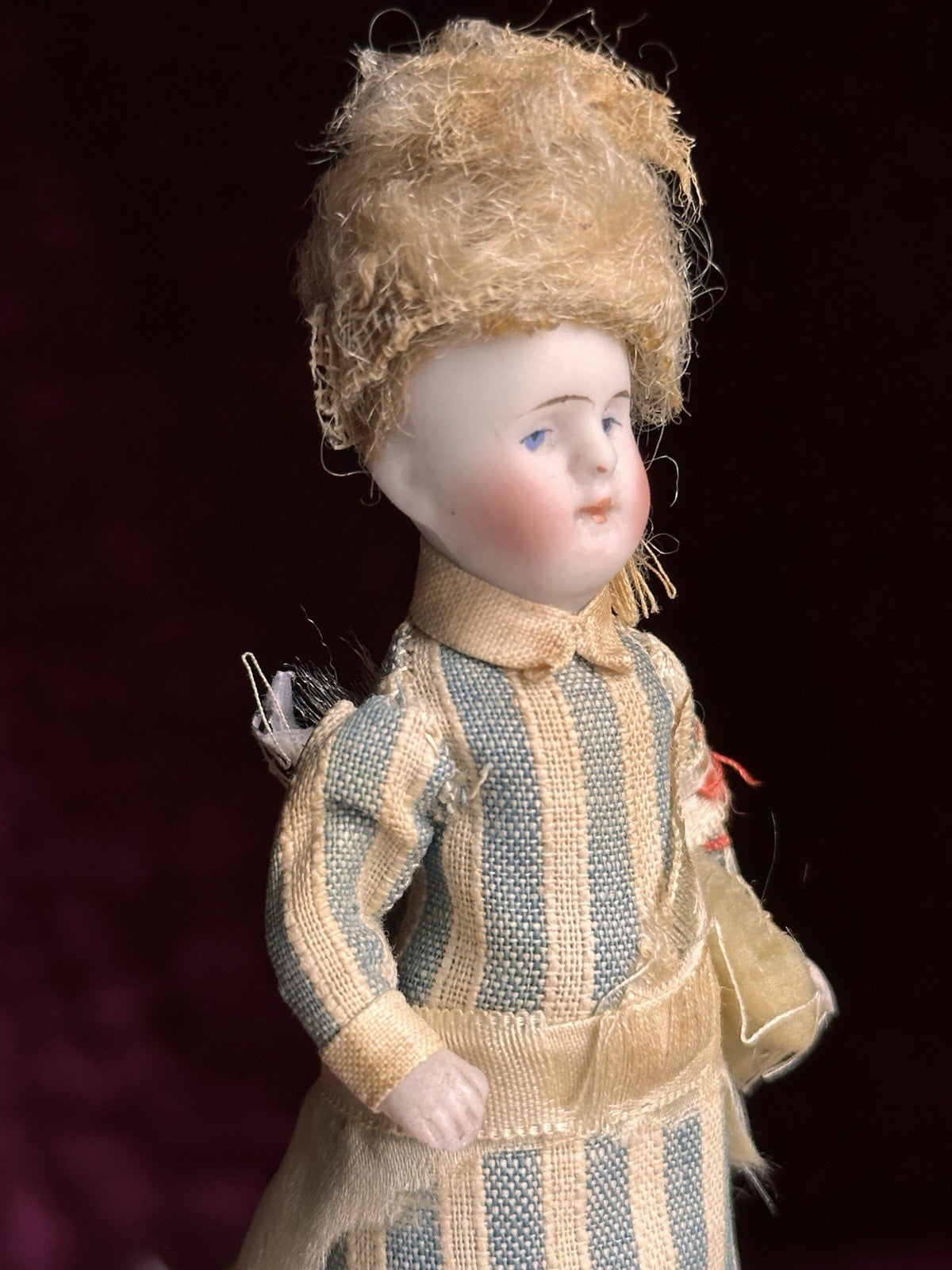 Antique German 5” Miniature Bisque Head Pincushion Dollhouse Doll