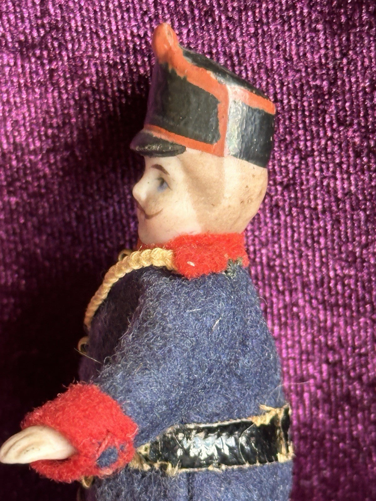 Antique German Bisque 2.875” Soldier Molded Hat Miniature Dollhouse Soldier Doll