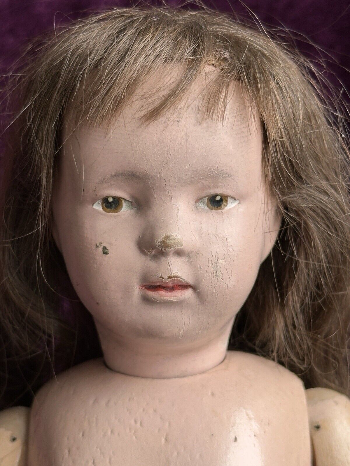Antique 14” American Schoenhut Model 312 Wood Carved Spring Jointed Girl Doll