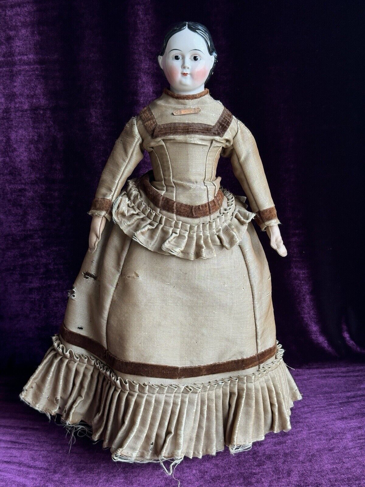 Rare Antique German 21” Covered Wagon China Doll with Glass Eyes