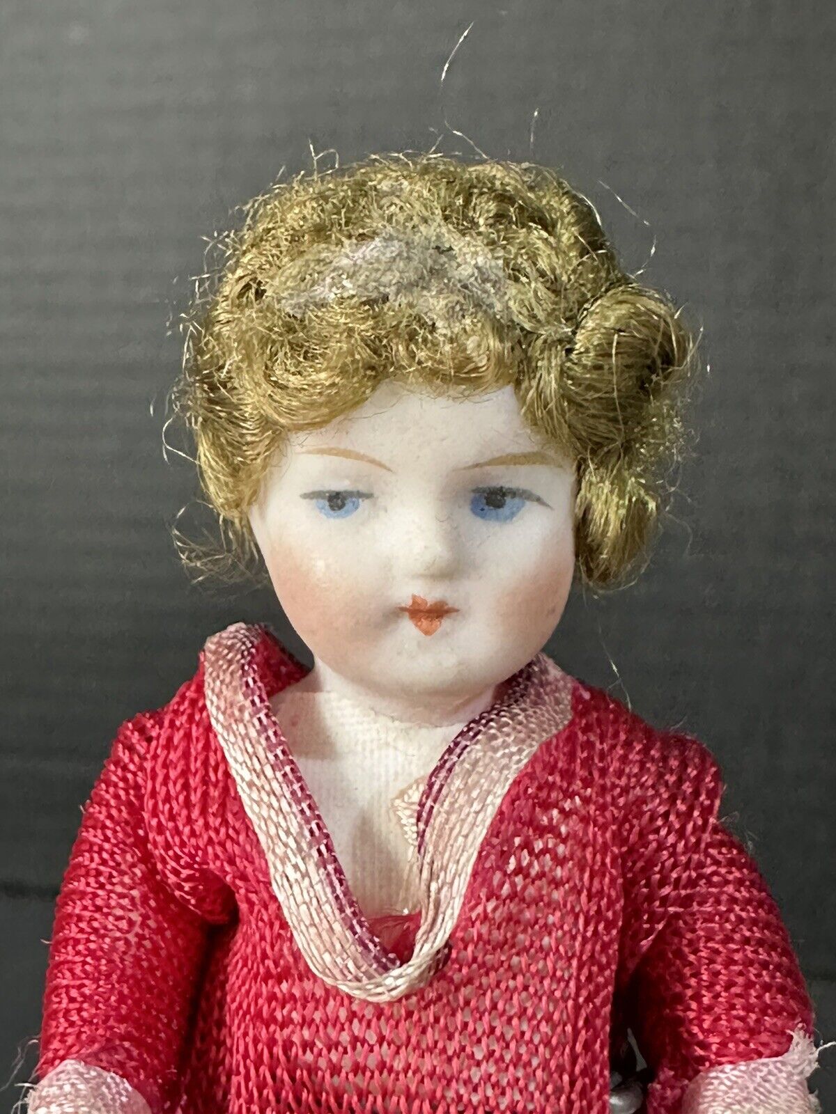 Antique German Flapper (?) All Bisque 3 3/4” Mignonette Girl Doll Dollhouse Size