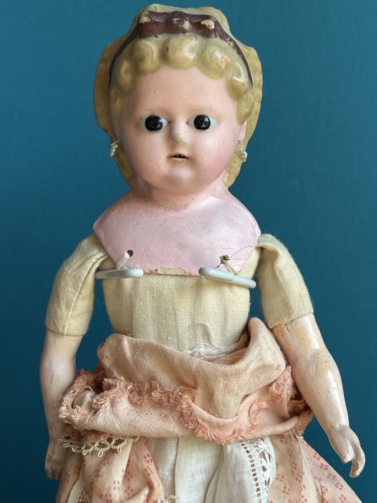 Antique German 13.5” Wax Over Papier Mache Pumpkin Head Pierced Ears Doll